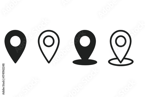 Location map pin icon set. GPS navigation pointer symbol collection. Vector marker for destination, place, and address. Position signs isolated on white. Solid and outline style.