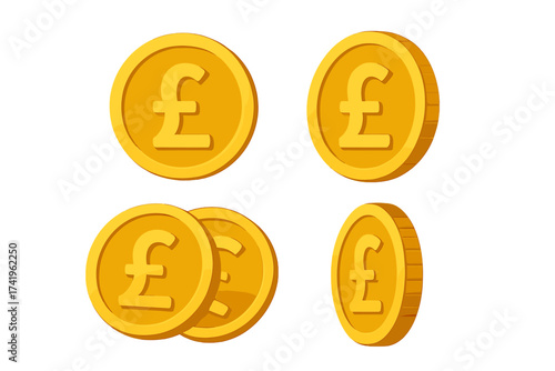 Gold pound coin icon set. British currency symbol. Golden money sign vector illustration. UK finance, economy, and banking concept. Cash payment, wealth, savings, investment.