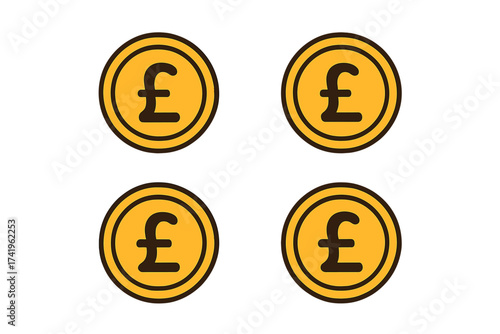Pound coin icon set. British currency symbol. UK money sign. Vector illustration for finance, business, and economy. Golden flat cash payment graphic. Sterling wealth concept.