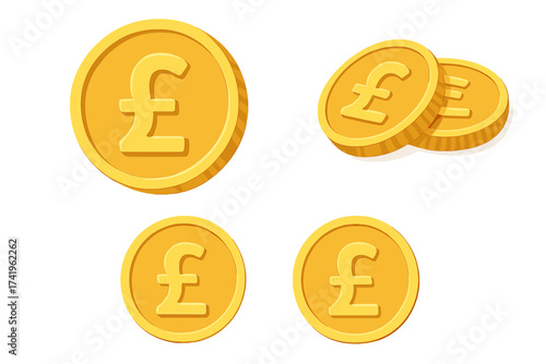 Pound sterling coin icon set. Golden money cash symbol. British currency sign for finance, banking, and investment. UK economy and wealth concept. Vector graphic illustration.