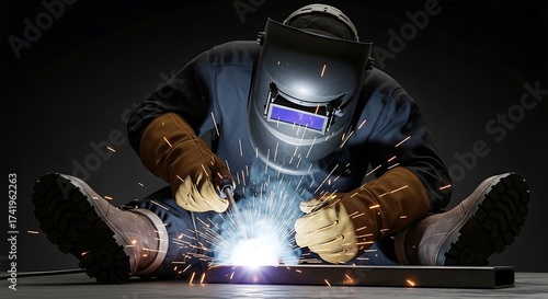 Industrial worker wearing a welding helmet and safety gear performs metalwork, creating a brilliant shower of sparks in a workshop