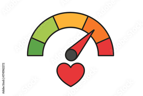 Love meter gauge with heart icon. Love-o-meter for relationship test. High passion level. Emotional health scale. Speedometer of love. Valentine's Day romance symbol. Vector.