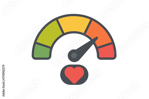 Love meter vector illustration. Gauge with heart icon for rating and feedback. Customer satisfaction level. Performance indicator scale. Speedometer design for emotional test.