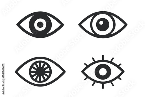 Collection of human eye vector icons. Simple minimal graphic symbol set for logos. Vision, sight, look, and see concepts. Ophthalmology, optic, eyeball, and pupil illustration.