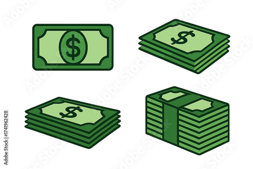 Dollar bills stack icon set. Cash money bundle, green currency banknote symbol. Finance and payment concept. Vector illustration for banking, economy, savings, and investment.