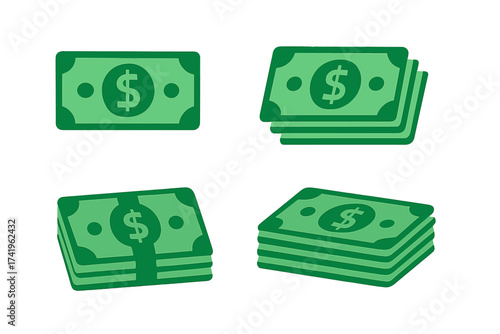 Dollar bills stack icon set. Green currency banknote symbol. Vector money illustration for finance, business, cash, wealth. Pile of dollars for payment, savings, earnings.