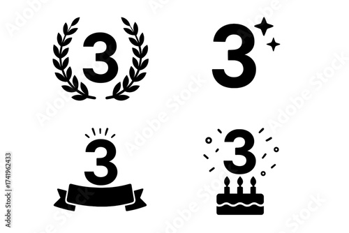 3 years anniversary icon set. Third birthday celebration symbols. Vector logo collection. 3rd jubilee sign. Award emblem with laurel wreath, ribbon banner and birthday cake.