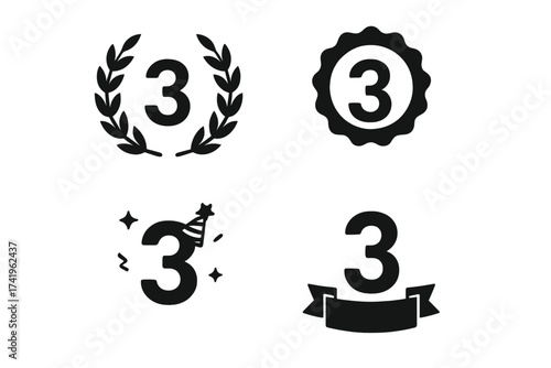 3 years anniversary icon vector symbol collection. Third birthday celebration. 3rd winner prize. Laurel wreath, award badge, ribbon banner. Three year logo set. Graphic element.