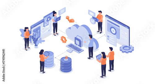 Illustration depicts people working with cloud computing, data storage, and digital interfaces.
