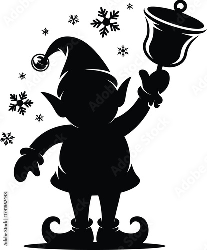 Charming christmas elf holding a bell with snowflakes on transparent background silhouette