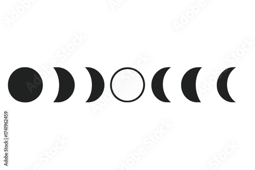 Moon phases vector illustration. Lunar cycle icon set. Astronomy astrology symbol. Celestial graphic element. New moon, full moon, crescent. Esoteric spiritual boho design.