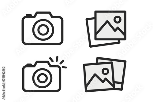 Camera photography vector icon set. Digital picture, snapshot sign. Photo gallery symbol with flash. Image collection outline illustration for web and mobile app design element.