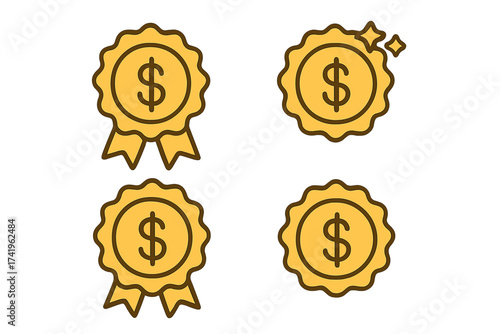 Dollar prize on badge icon set. Golden medal with ribbon for financial success. Money award symbol for promotion, sales or discount. Quality guarantee label. Cashback bonus vector.