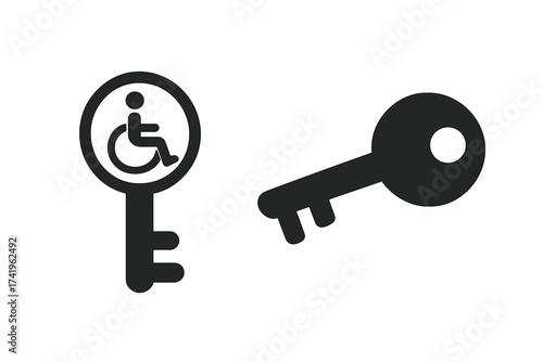 Accessibility key icon for equal opportunity and inclusion vector concept. Unlocking access for disabled people. Wheelchair symbol for diversity and handicap rights illustration.
