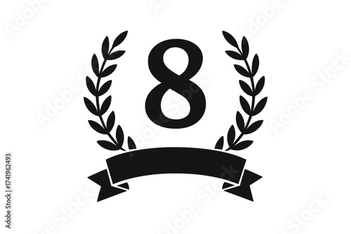 8 years anniversary icon with laurel wreath and ribbon. Eighth birthday jubilee celebration logo. Winner award seal emblem symbol. Black silhouette vector illustration design.