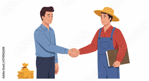 A businessman and a farmer shaking hands, with a bag of money in the foreground, symbolizing a successful agreement or partnership.