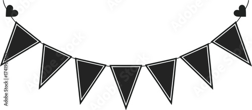 Black bunting flags with heart details on transparent background silhouette