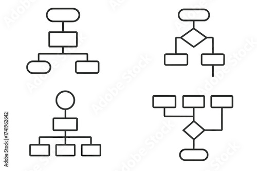 Set of flowchart infographic line icons. Business process and workflow diagrams. Organizational structure and algorithm data flow chart. Vector corporate hierarchy scheme.