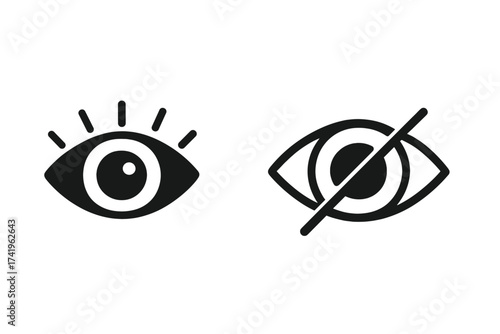 Hide and show eye icon vector set for password visibility control. UI UX element for web and mobile app interface. Graphic symbol for reveal and conceal, visible and invisible state.