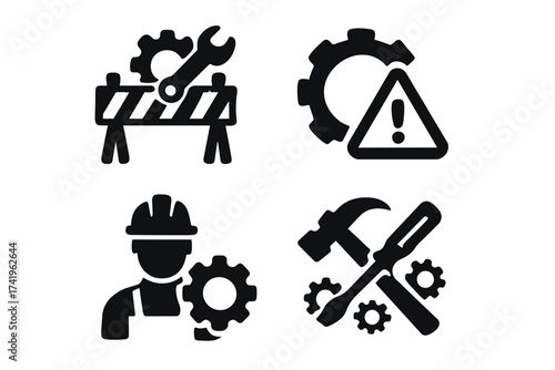Under construction icon set. Maintenance and repair service concept. System error warning sign. Worker with gear symbol for configuration and settings. Vector tools illustration.