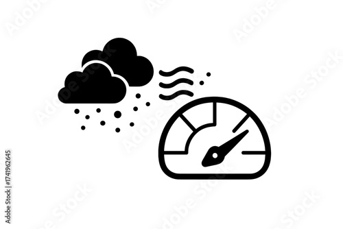 Air pollution measuring icon with air quality meter scale. Environmental contamination symbol with dust, gas, fine particles. Pollution monitoring vector for weather forecast.