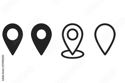Set of location map marker icons. Pin pointer symbol for GPS navigation, destination, and place. Geotag sign collection. Vector graphic silhouette and outline illustration.