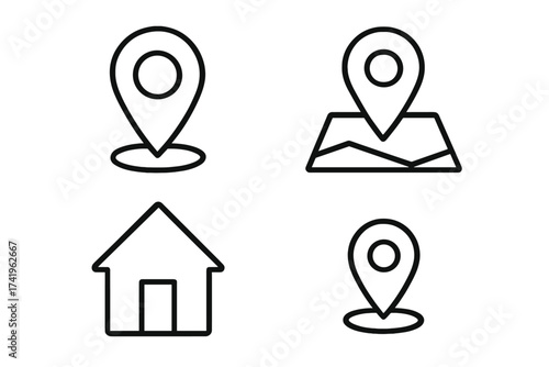 Address icon outline vector set. Map pin, location, home and place symbol. Navigation element concept. GPS pointer. Destination marker. Geolocation tag. Minimalist line art.