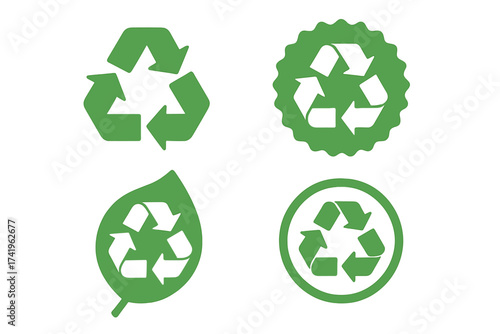 Recycle symbol vector icon set. Green ecology sign. Environmentally friendly concept. Sustainable, reusable, zero waste illustration. Eco friendly leaf and badge symbol.