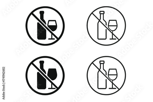 No alcohol vector icon set. Alcohol free zone sign. Sober lifestyle symbol. Stop drinking warning label. Non-alcoholic beverage product sticker. Prohibited drink concept.