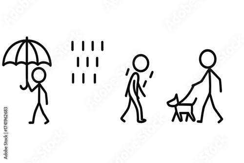 Stick figure people in bad weather vector set. Man with umbrella, walking dog, sad person in rain. Doodle icon collection for concepts of seasons, mood, and protection.