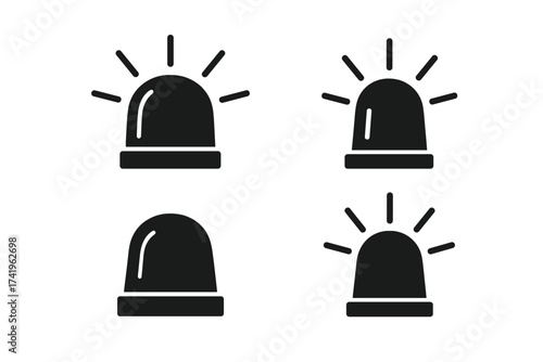 Siren icon set. Emergency alert flasher light symbol. Police, ambulance, fire department warning beacon. Vector attention signal glyph silhouette for web and mobile apps.