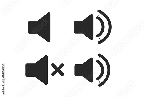 Sound volume control icon set. Speaker audio mute button. Vector sound on, off, high, low level symbols for web UI. Audio player interface element. Megaphone pictogram.