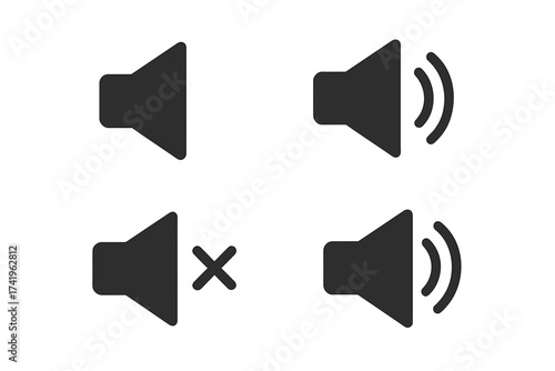 Sound volume control icon set. Speaker symbol collection for web and mobile app interface. Audio level pictogram with mute, on, off, and high volume signs. Vector illustration.