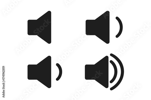 Speaker vector icon set. Sound volume level control buttons. Audio player interface element. Mute, low, medium, and high volume pictogram symbol. Isolated on white background.