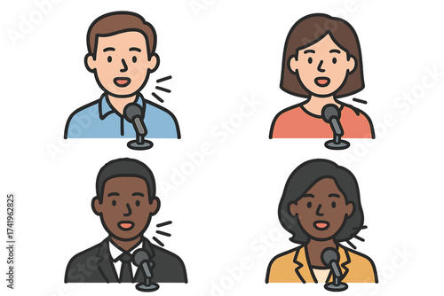 Speaker avatar illustration set. Diverse people speaking at microphone. Man and woman icon for podcast, interview, presentation, public speaking, conference, or communication.