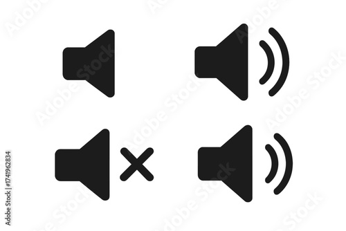 Speaker sound volume vector icon set. Mute, unmute, silent mode, and audio level buttons. User interface graphic element for web and mobile apps. Isolated illustration.