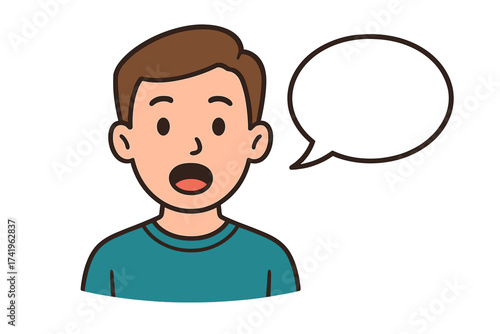 Man talking with speech bubble vector illustration. Young male character avatar speaking, shouting or announcing. Communication, message, social media or presentation concept.