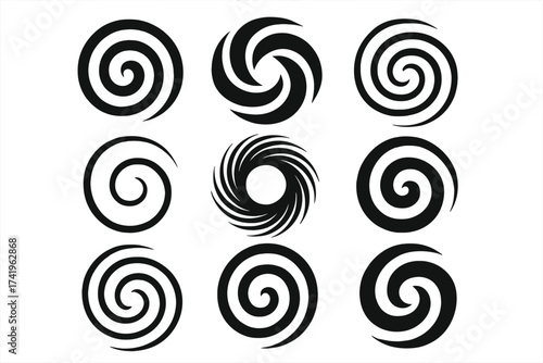 Spiral swirl icon set. Vortex and whirl circle symbols collection. Vector graphic design elements. Abstract rotation, spin and twist shapes for logo or hypnosis effect.