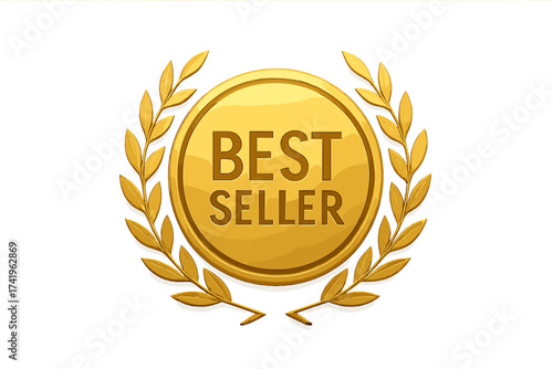 Best seller golden award icon with laurel wreath. Bestseller gold medal or label. Top product prize seal. Winner badge vector illustration for sales or quality mark.
