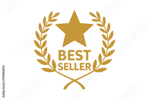 Best seller badge with golden laurel wreath and star. Bestseller award label for top product marketing. Winner symbol and quality guarantee icon for sales. Vector illustration.