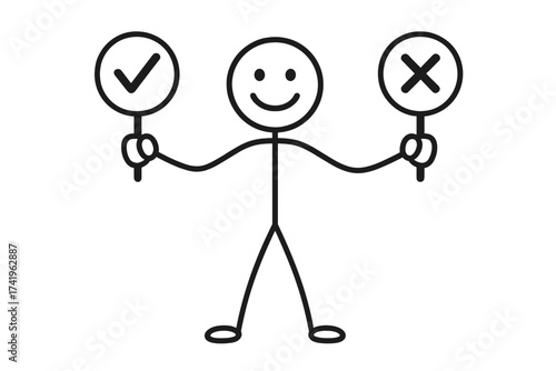 Stick figure holding yes and no signs. Choice, decision, survey concept. Right and wrong, true or false validation. Checkmark and cross icons. Approve and reject symbols.