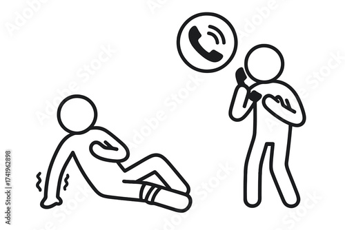 Stick figure calls 911 for emergency help for an injured friend. Man hurt in an accident needs first aid. Paramedic hotline call icon. Medical assistance concept vector.