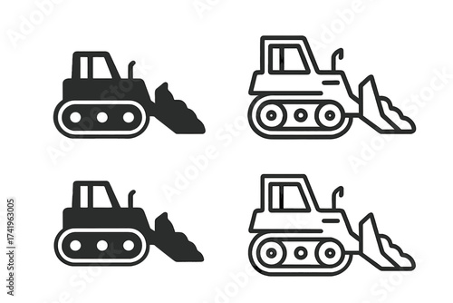 Bulldozer icon set. Loader machine for earthmoving, soil removal. Heavy equipment for construction. Solid glyph and outline line art dozer pictogram vector illustration.