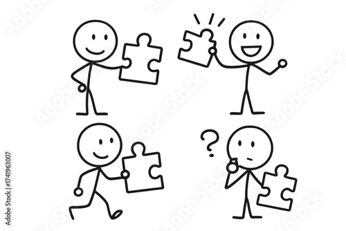 Set of stickman holding jigsaw puzzle piece. Business solution, success, strategy and teamwork concept. Doodle vector illustration for problem solving and finding the right idea.
