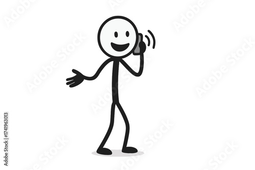 Stickman making a phone call and talking on a mobile phone. Happy smiling stick figure character having a friendly conversation. Communication, contact us, customer support vector.