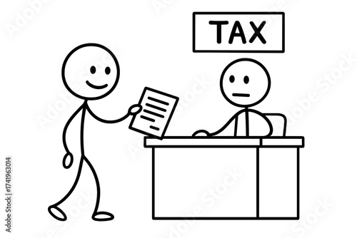 Stick figure paying tax. Taxpayer at counter with agent. Submitting declaration form. Financial obligation, government revenue service. Doodle cartoon vector illustration concept.