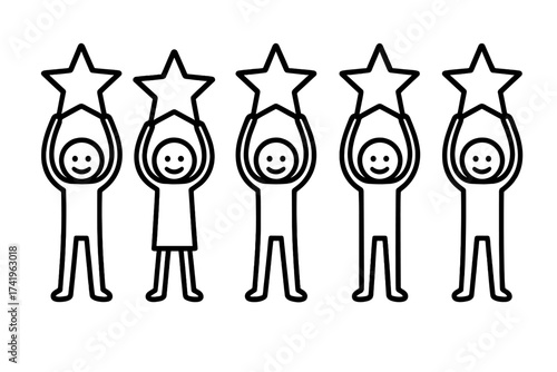 Stickman figures giving a 5-star rating. Customer satisfaction and positive feedback concept. People holding stars for quality review. Team achievement and success vector icon set.