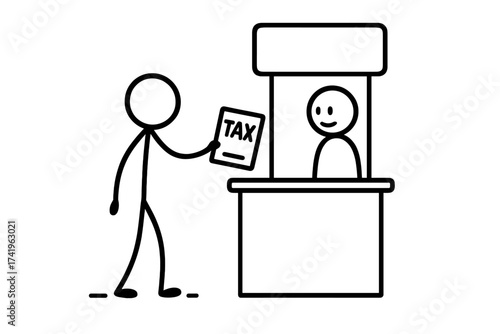 Stickman paying tax at counter office. Vector doodle of taxpayer filing documents. Financial concept of payment, revenue, irs, deadline, government service, and obligation.