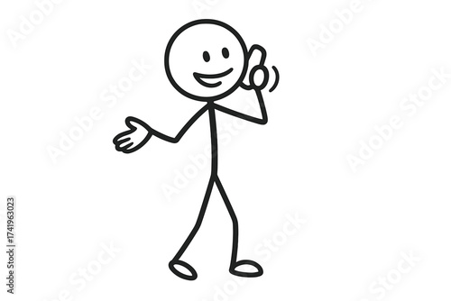Stickman making a phone call, talking on a cell phone. Stick figure in conversation. Man calling a friend. Communication concept for customer support or contact us icon vector.