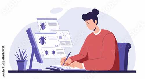 A focused programmer or QA tester analyzing software bugs on a computer screen and taking notes at a desk.